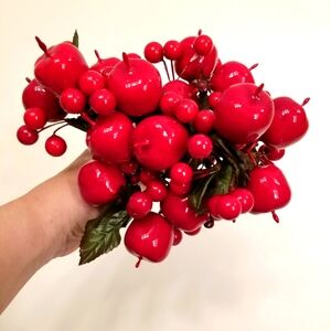 6 pcs High Gloss Red Berries & Apples Christmas Thanksgiving Ornaments Bunches